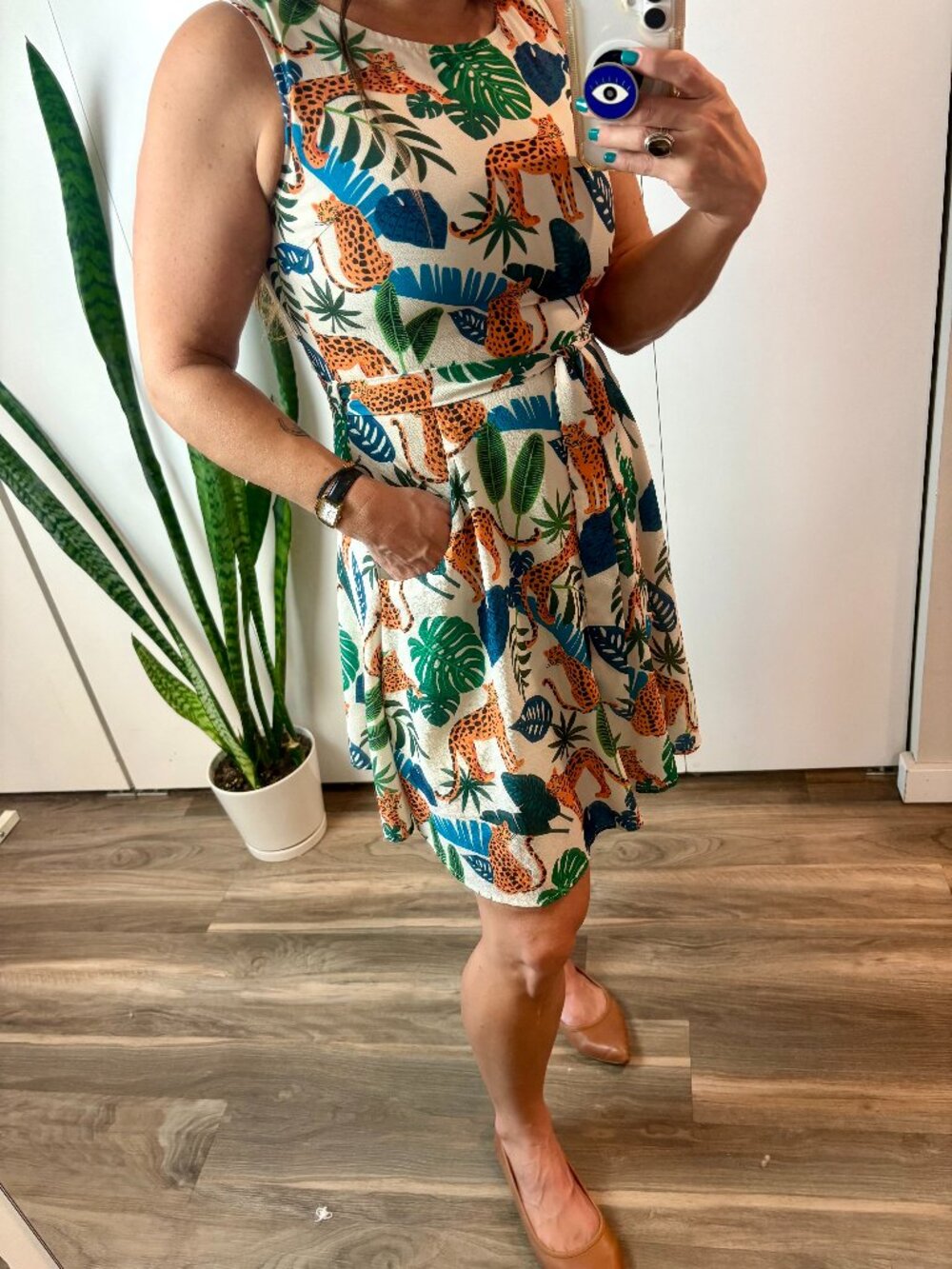 LA Soul Cream Dress Leopard Jungle Animal Novelty Print Pockets S Whimsical